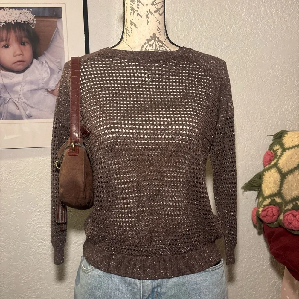 Express Brown Open-Weave Scoop Neck Sweater - Picture 2 of 6